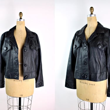 80s Black Leather Jacket / Leather Coat / Vintage Black Leather Jacket / Size M/L 