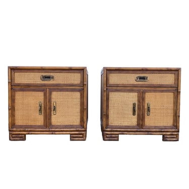 Set of 2 Vintage Hollywood Regency Nightstands FREE SHIPPING Drexel Captiva with Faux Bamboo Wood, Rattan & Greek Key 