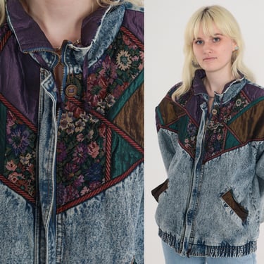 Floral Jean Jacket 80s Denim Jacket Tapestry Patchwork Flower Print Acid Wash Zip Up Coat Retro Brown Purple Green Vintage 1980s Medium M 