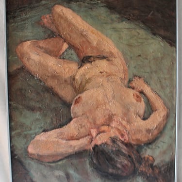Mid century vintage 1954 Anthony Ferrara oil painting "Nude on green mat" 28" x 21" 