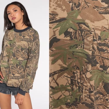 Camo Hunting Shirt 90s Camouflage T-Shirt Long Sleeve Army TShirt Leaf Print Realtree Military Ringer Tee Vintage 1990s Mens Large L 