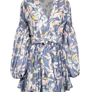 No Pise La Grama - Blue w/ Pastel Orchid Print Linen Blend Mini Dress Sz 10