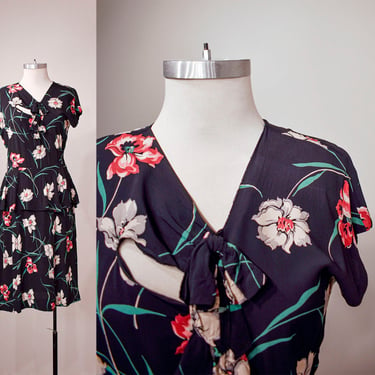 1940s Floral Cocktail Dress with peplum 