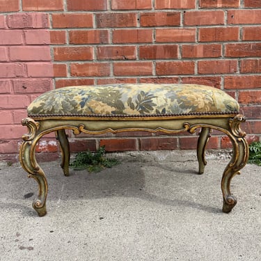 Vintage Bench Bed Vanity Seating Venetian French Gold Gilt Wood Rococo Baroque Hollywood Glam Regency Entry Way Bedroom Upholstered Boudoir 