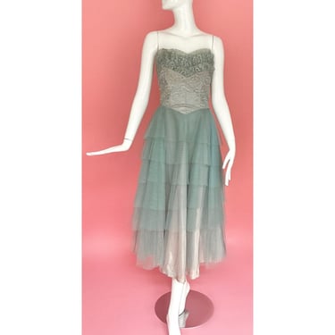 M/L 1950s Blue Lace and Tulle Strapless Cupcake Party Dress 