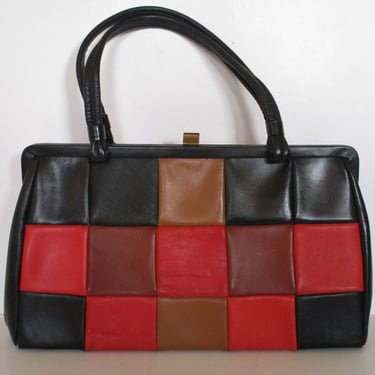 Patchwork Purse, Vintage 1960s, Mod Pocketbook, Black Red Brown Vinyl, Vegan Leather Handbag 