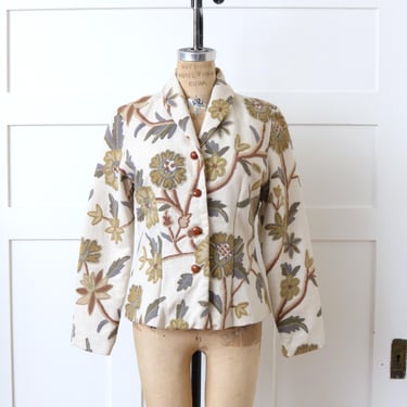 Lena Medoyeff heavy woven linen & silk jacket • indian Kashmir crewel embroidery fabric • lush rococo flora 