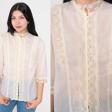70s Sheer Victorian Blouse 3/4 Puff Sleeve Top Boho Shirt Sheer Lace Top Ivory Pearl Button Up Hippie Vintage 1970s Bohemian Medium 
