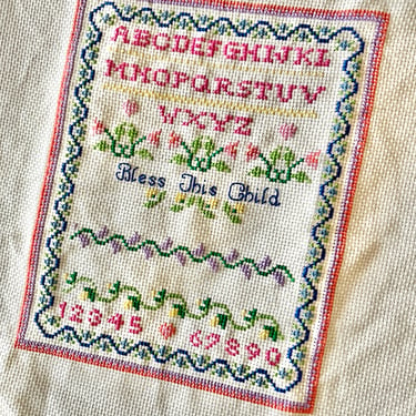 Bless This Child Hand-Stitched Embroidery, Ready for Name, Cross Stitch Sampler, No Frame, Vintage 