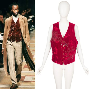 Paul Smith 1998 F/W Vintage Hand-Embroidered Bird Red Cotton Velvet Waistcoat Sz S M 