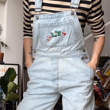 VTG 90s Light Wash Denim Overalls with Strawberry Embroidery (as is) 