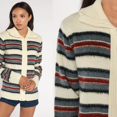 Striped Cardigan Sweater 70s Zip Up Sweater Retro Cream Grey Brown Sweater Acrylic Knit Grandpa Boho 1970s Vintage Medium 