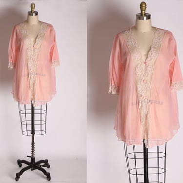 1960s Pale Powder Pink Nylon and Off White Lace Button Down Pajama Bed Jacket Top -S 