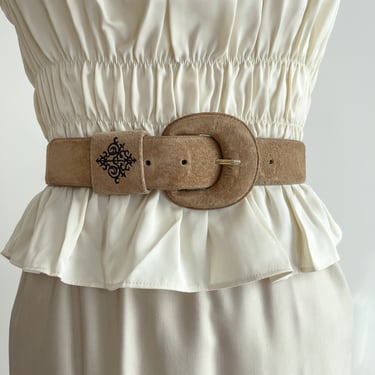 wide tan leather belt 80s 90s vintage embroidered beige suede statement belt 