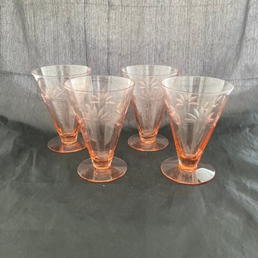 Set of 2 Vintage Antique Pink Depression 8 OZ Floral Etched Conical Footed Water Tumblers / Wine Glasses, Art Deco Depression Drinking Glass 