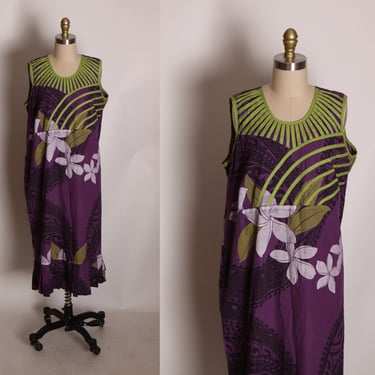 1970s 1980s Purple, Green and White Sleeveless Cage Collar Hawaiian Muu Muu Dress -1XL 