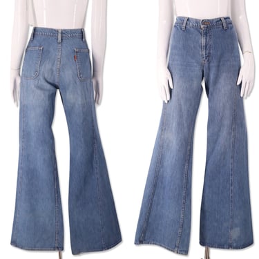 70s LEVIS saddle stitched bell bottoms jeans 32, vintage 1970s denim ORANEG TAB high waisted jeans, high rise flares bells rare 