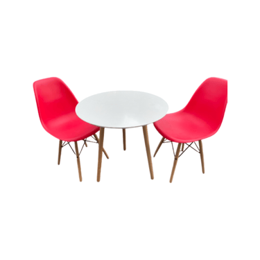 Pair of Red Plastic Molded Chairs and Round Bistro Table