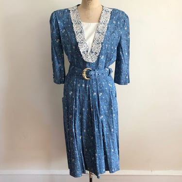 Blue and White Floral Print Dress with Belt - 1980s 
