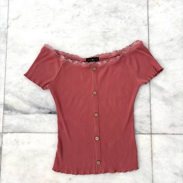 Y2K Derek Heart Top Rose Pink Off The Shoulder Lace Trim Women XL Boho Coquette 