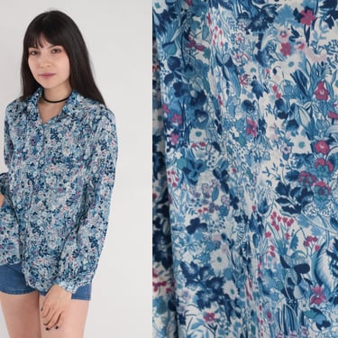 Blue Floral Blouse 70s Button Up Shirt Bohemian Top Long Sleeve Flower Print Collared Retro Seventies Hippie Feminine Vintage 1970s Medium M 