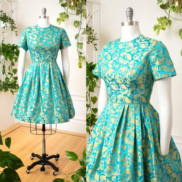 Vintage 1960s Dress | 60s Green Floral Satin Jacquard Cocktail Party Fit and Flare Full Skirt Swing Gown | medium 