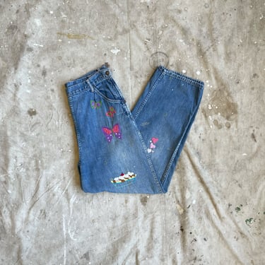 Size 31x27 Vintage 1950s 1960s Hand Chain Stitched Side Zip Womens Denim Over The Top Dungarees 2184 
