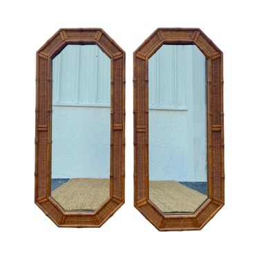 Set of 2 Rattan Mirrors 51x23 FREE SHIPPING Vintage American of Martinsville Narrow Faux Bamboo Wood Wicker Coastal Hollywood Regency Style 
