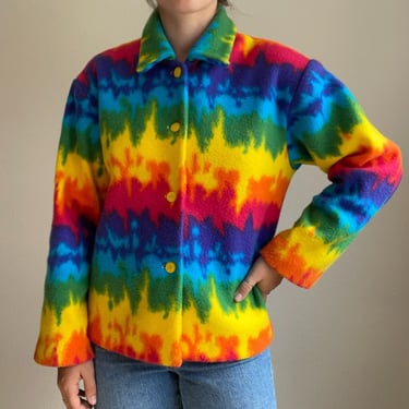 Vintage 90s Handmade Womens Tie Dye Rainbow Pride Fleece Jacket Sz M 
