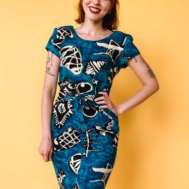 1990s Turquoise Print Tie Dress sz. M