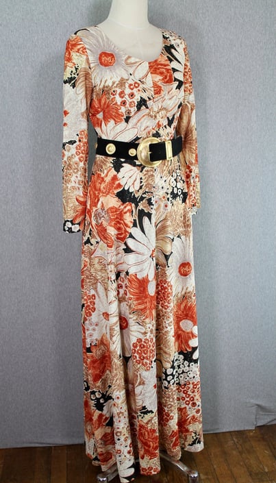 1970s - Mod -  Floral Maxi Dress, -  Long Sleeve, - Gold Lame - Orange, Black, Cream 