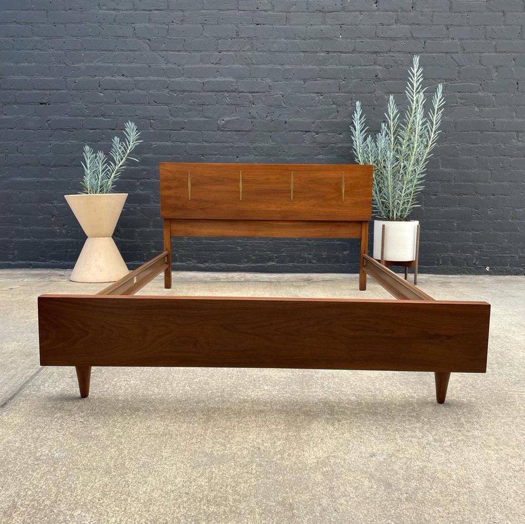 MidCentury Modern Walnut FullSize Bed Frame with Brass Accent, c.1960’ Vintage Supply East