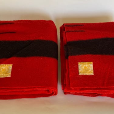 Rare Pair Red Hudson Bay Blankets Twin Size Wool Made in England 