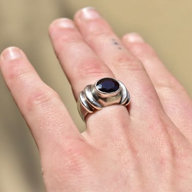 Vintage Modernist Chunky Sterling Silver Garnet Ring, Oval Cut Garnet, Textured Dome Ring, Step Design, Size 8 1/2 US 