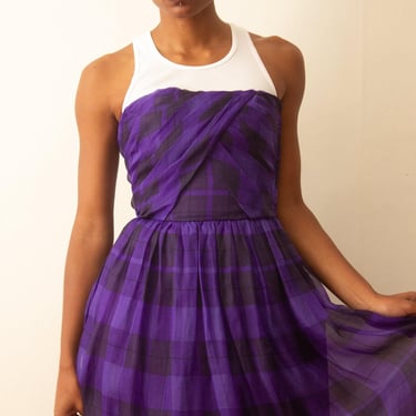 1980s Albert Nipon Ultraviolet Plaid Organza Strapless Dress 