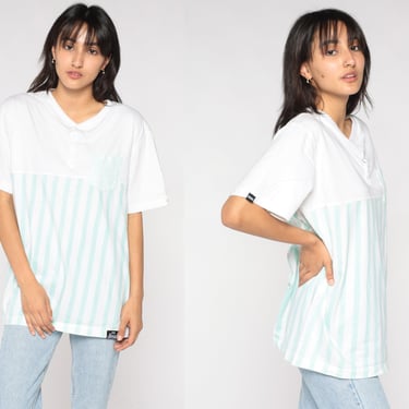 Striped Henley Shirt 90s Short Sleeve T-Shirt White Mint Green Stripes Button Up Pocket Tee Retro Basic Pastel Top Vintage 1990s Mens Large 