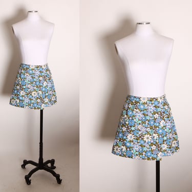 Late 1960s Early 1970s Blue and White Flower Power Floral Mini Skirt Skort -L 