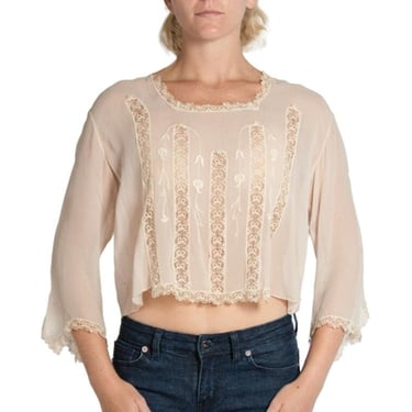 1920S Blush Sheer Silk Chiffon Embroidered Lace Top 