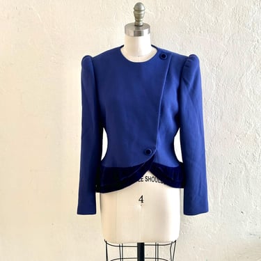 vintage carolina herrera blue jacket with velvet trim 