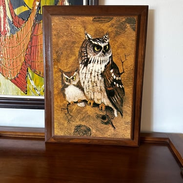 Vintage 1970s Large Decoupage Owls by Richard H “Screech” Wall Art 