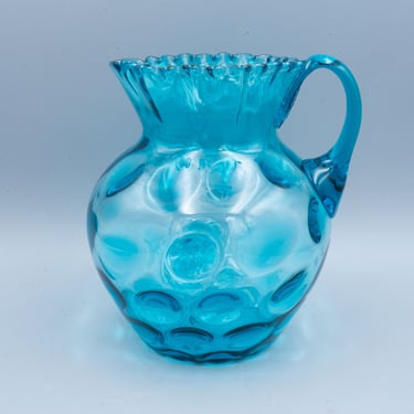 Phoenix Glass Polka Dot Blue Pitcher | Antique Inverted Thumbprint Dot Optic Glassware | Blue Applied Handle 