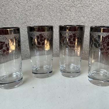Vintage MCM 4 glasses tall tumblers  fade silver grape theme rims holds 10 ozs 
