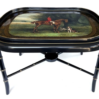 An English Regency Style Hand-Painted Wooden Hunting Tray on Stand