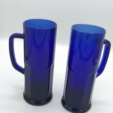 Vintage (2) Cobalt Blue Extra Tall Mug Beer Stein Blue Glass Mug 19 OZ 