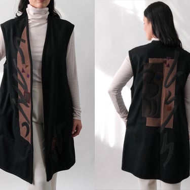 Vintage 80s BEPPA Long Black Wool Vest with Geometric Applique Design | Made in USA | 100% Wool | 1980s Designer Bohemian Folk Art Jacket 