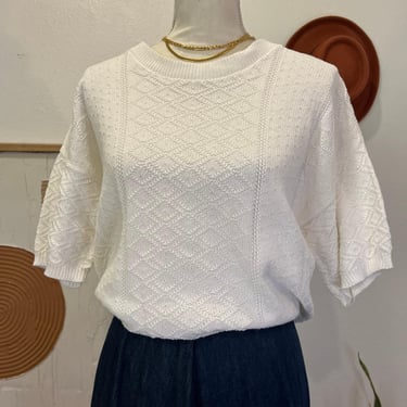 Vintage 90s White Chunky Cotton Knit Short Sleeve USA made Pullover Sweater 