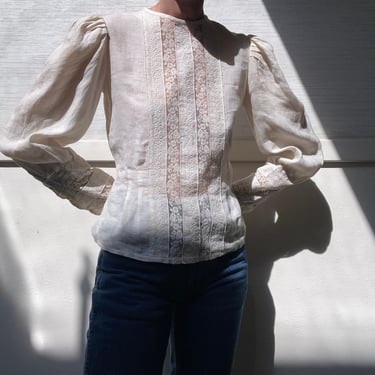 vintage creme lace cotton poet sleeve blouse small 