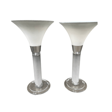 1980s Torchiere lucite &amp; White Frosted Glass and Lucite Table Lamps