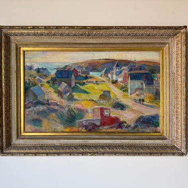 Vintage Countryside Landscape Oil on Canvas Board Painting in Ornate Wood Frame – Signed 