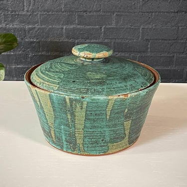 Mid-Century Studio Pottery Lidded Vessel w/ Dripped Green Glaze, c.1960’s 